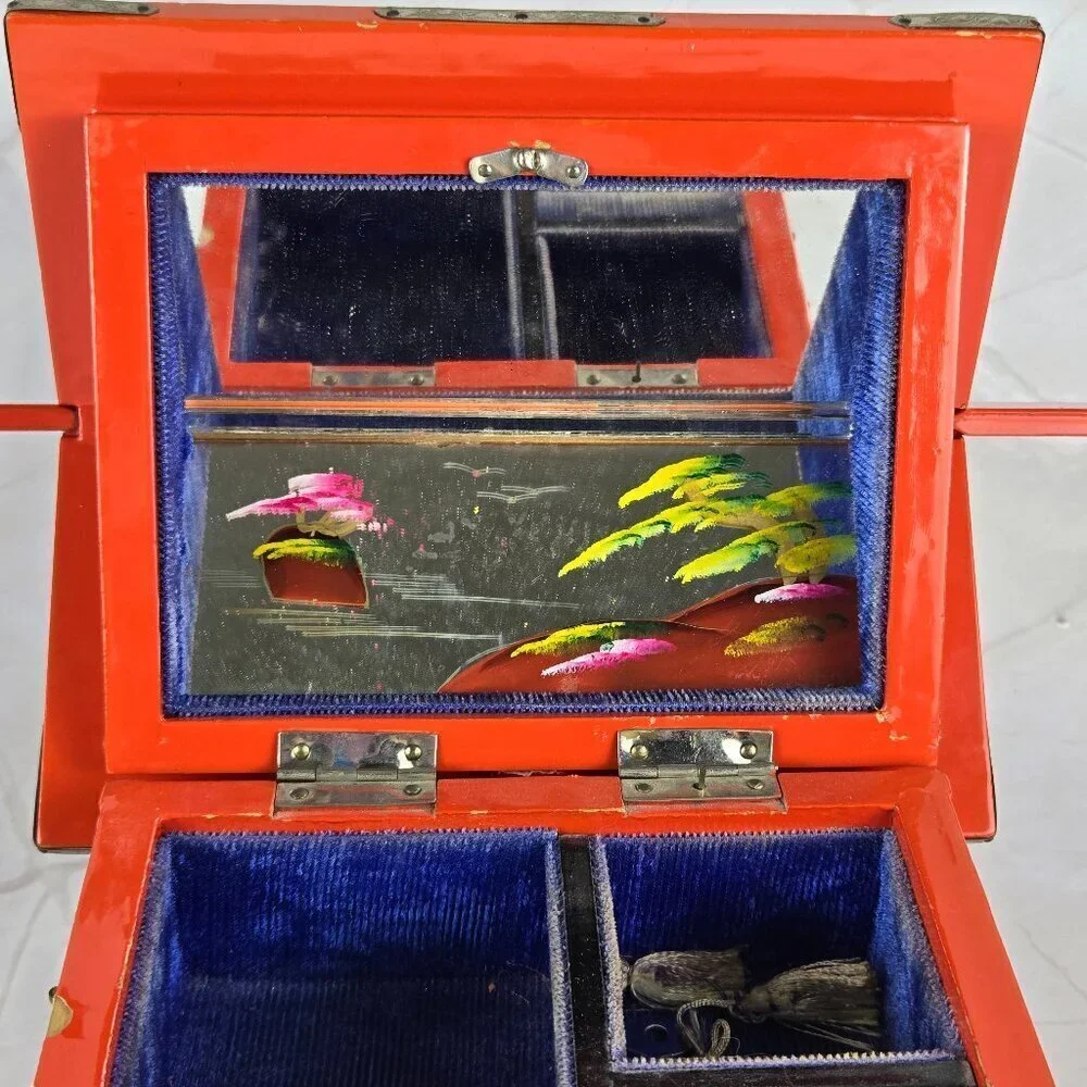 Vintage Japanese Hand Painted Jewelry Box Hinged Lid Side Drawer Wooden